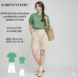 May include: A woman wearing a green Peter Pan collar blouse and beige Bermuda shorts. The image includes a sewing pattern with the text "KAREN PATTERN" and "PETER PAN COLLAR BLOUSE and BERMUDA SHORTS SEWING PATTERN". The pattern sizes range from XS to 4XL and US sizes 2 to 30.