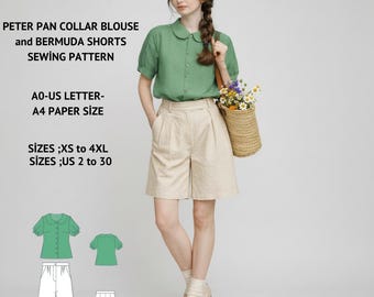 Vintage Peter Pan Collar Blouse Bermuda Shorts Sewing Pattern (PDF Pattern)