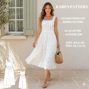 Può includere: Abito midi bianco con dettagli traforati, scollo quadrato e spalline larghe. L'abito è abbinato a una borsa a mano in tessuto. Il testo sull'immagine recita "KAREN PATTERN" e "LICE MIDI DRESS PDF SEWING PATTERN". Taglie XS a 4XL, taglie US 2 a 30.