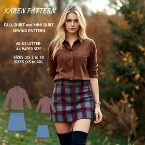 May include: A sewing pattern for a brown shirt and a plaid mini skirt. The pattern is available in sizes UK 4 to 18 and XS to 4XL. The pattern is printed on A4 paper.