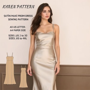 Patrón de costura de vestido largo de satén para fiesta de graduación, patrón de costura de vestido de gala, vestido de noche, opciones de tamaño de EE. UU. 2-30 y XS-4XL, adecuado para tallas A0-A4-US Letter
