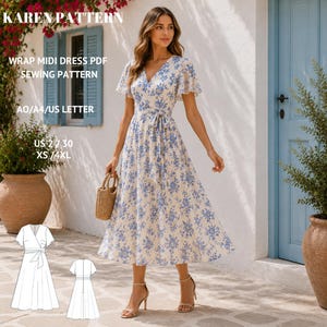 May include: A midi-length wrap dress with a blue floral pattern on a white background, featuring short flutter sleeves and a waist tie. Text on the image reads: KAREN PATTERN, WRAP MIDI DRESS PDF SEWING PATTERN, AO/A4/US LETTER, US 2/30, XS/4XL.