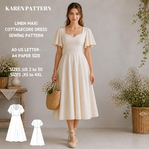 May include: A woman wearing a cream-colored linen maxi dress with a square neckline and flutter sleeves. The dress is a cottagecore style, and the image includes a sewing pattern with text that reads "KAREN PATTERN, LINEN MAXI COTTAGECORE DRESS SEWING PATTERN".