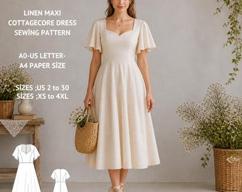 Cottagecore Linen Midi Dress Sewing Pattern, Flowy Summer Dress, Sweetheart Neckline (Digital Download)