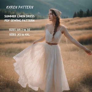 Patrón de costura para vestido de verano estilo cottagecore, vestido con tirantes, patrón de costura para tallas grandes, para mujer, tallas 2 a 30 de EE. UU., XS a 4XL, tamaño de papel para formularios Carta A4 a A0