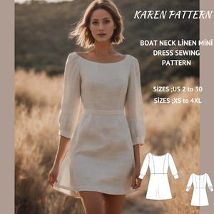 Boat Neck Linen Mini Dress Pattern,A-Line Dress Sewing Pattern,Sleeveless Dress,Mini Dress Pattern,A4 A0 US 2-30 and XS - 4XL