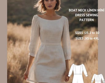 Boat Neck Linen Mini Dress Sewing Pattern (US 2-30, XS-4XL)(Digital Download)