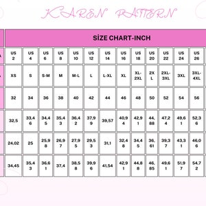 May include: A pink and white size chart titled KAREN PATTERN. The table displays US sizes 2 through 30, international sizes from XS to 4XL+, and European sizes 32 to 60. It lists bust, waist, and hip measurements in inches for each size.