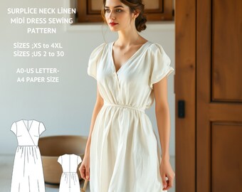 Linen Surplice Midi Dress Sewing Pattern, Puff Sleeve (PDF Pattern)