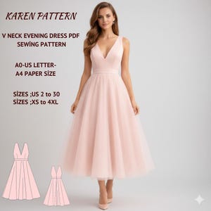 Op de afbeelding: Een vrouw draagt een lichtroze avondjurk met V-hals. De jurk heeft een getailleerd lijfje en een zwierige tule rok. De afbeelding bevat tekst: "KAREN PATTERN", "V NECK EVENING DRESS PDF SEWING PATTERN", "AO-US LETTER-A4 PAPER SIZE", en maten US 2 tot 30 en XS tot 4XL.