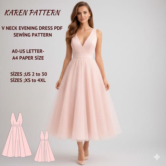V Neck Sleeveless Midi Ball Gown |Blush Pink Tulle Evening Dress Sewing Pattern- Wedding Prom Formal Dress PDF, XS-4XL (PDF Pattern)