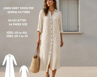 Linen Shirt Dress Pattern, Tea Length Button Down PDF, Beach Cover Up