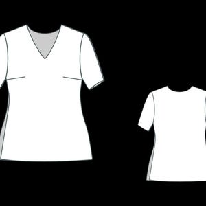 May include: Two white t-shirts with short sleeves. The shirt on the left has a v-neck and the shirt on the right has a round neck.
