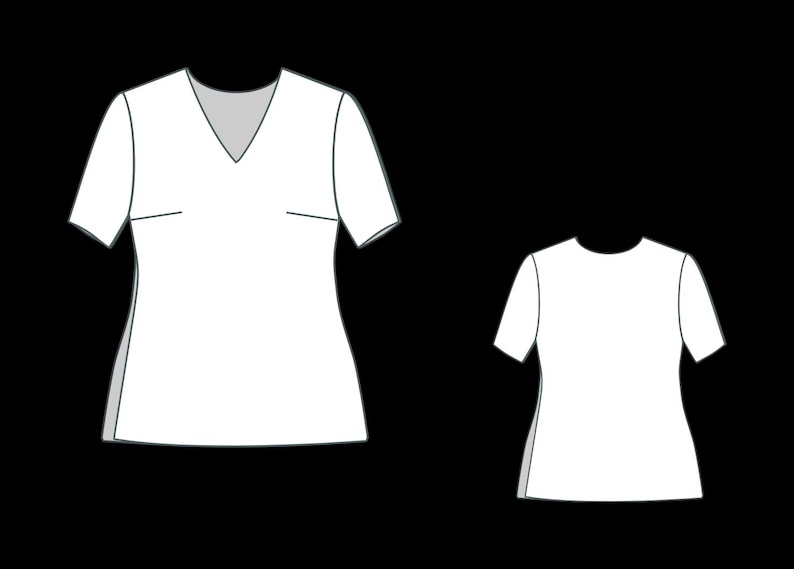 May include: Two white t-shirts with short sleeves. The shirt on the left has a v-neck and the shirt on the right has a round neck.