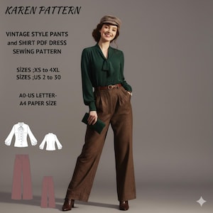 Puede incluir: Una mujer con una blusa verde y pantalones marrones, sosteniendo una cartera verde. La imagen incluye un patrón de costura con el texto "KAREN PATTERN" y "VINTAGE STYLE PANTS and SHIRT PDF DRESS SEWING PATTERN". Se enumeran las tallas XS a 4XL y US 2 a 30.