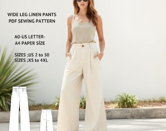 Linen Wide Leg Pants Sewing Pattern, Elastic Waist (PDF Pattern)