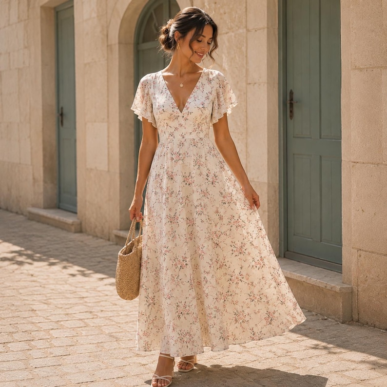 May include: A floor-length cream-colored dress featuring a delicate pink and green floral pattern, a deep V-neckline, and flutter sleeves. The dress has a fitted bodice that transitions into a flowing, ankle-length skirt, paired with a woven straw bag.