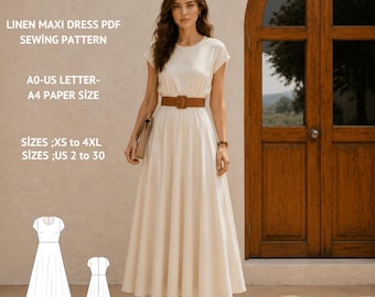 Op de afbeelding: Een vrouw draagt een crèmekleurige linnen maxi-jurk met een bruine riem. De jurk heeft korte mouwen en een zwierige rok. De afbeelding bevat tekst: "KAREN PATTERN" en "LINEN MAXI DRESS PDF SEWING PATTERN". Maten: XS tot 4XL en US maten 2 tot 30.