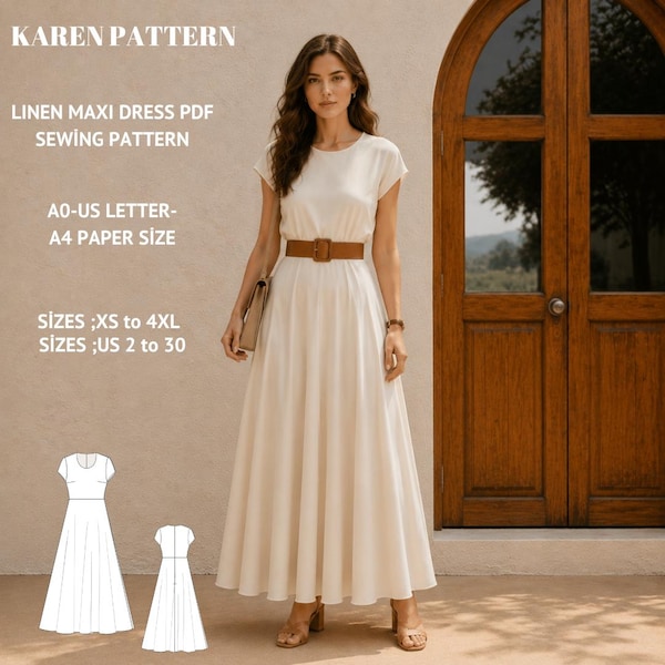 Naaipatroon linnen maxi-jurk, minimalistische A-lijn, cottagecore zomerstijl (pdf-download)