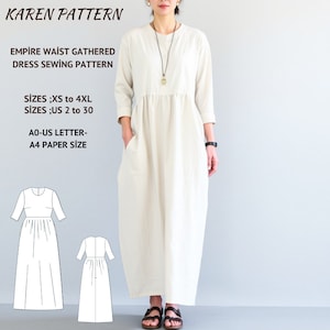 Linen Gathered Tea Length Dress Sewing Pattern,3/4 Fitted Sleeves Dress,Empire Waist,Sundress Pattern, Milkmaid Dress,XS-4XL