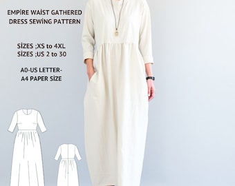 Linen Tea Length Dress Sewing Pattern: Empire Waist, XS-4XL (Digital Download)