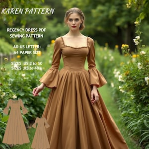 Regency Maxi Dress Sewing Pattern,Medieval Dress,Regency Dress,Fairy,Elf dress,Elegant Dress, A0 A4 US Letter-US 2 to 30