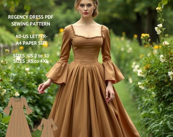 Regency Maxi Dress Sewing Pattern, Medieval, Fairy, US 2 to 30 (PDF)