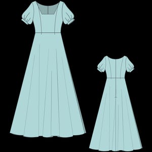 May include: A light blue dress with a square neckline and short puff sleeves. The dress has a fitted bodice and a full skirt. The dress is shown in both front and back views.