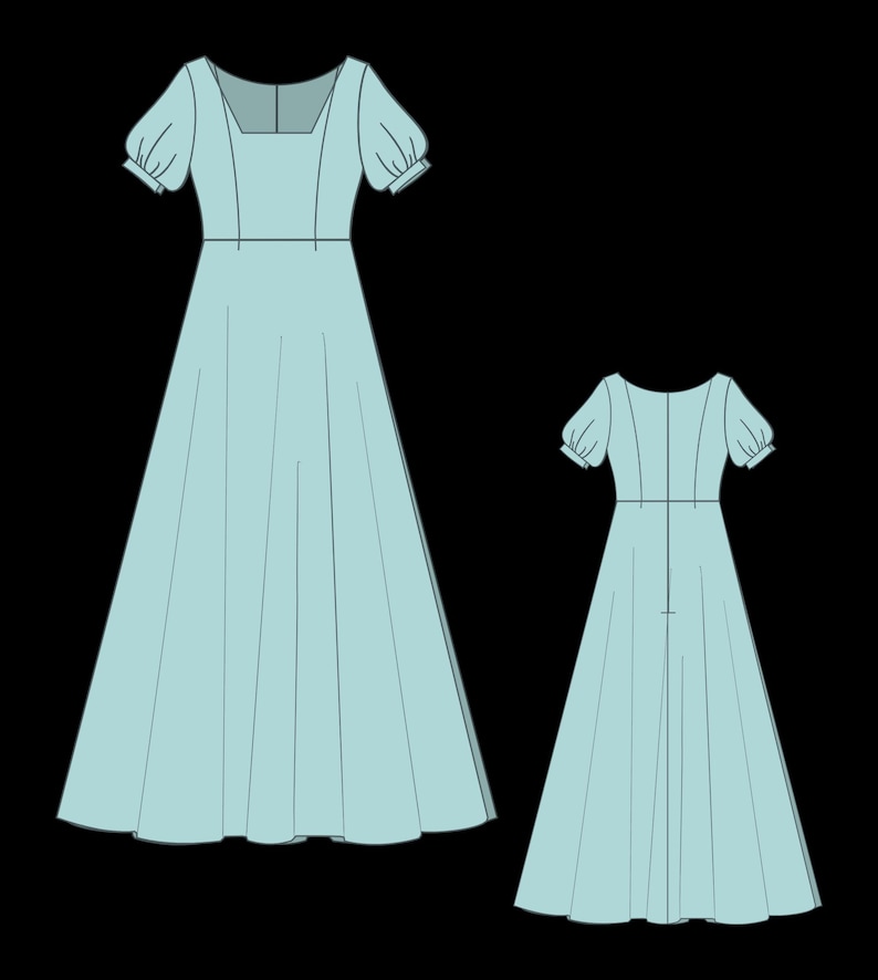 May include: A light blue dress with a square neckline and short puff sleeves. The dress has a fitted bodice and a full skirt. The dress is shown in both front and back views.