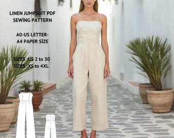 Linen Palazzo Jumpsuit Sewing Pattern:US Sizes 2-30 (PDF)
