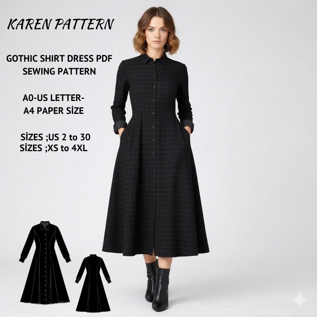 gothic shirt dress Black Plaid Shirt Dress Sewing Pattern, Gothic Midi Dress (digital  Download, XS-4XL)