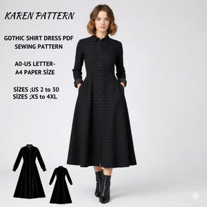Black Plaid Shirt Dress Sewing Pattern, Gothic Midi Dress (Digital Download, XS-4XL)
