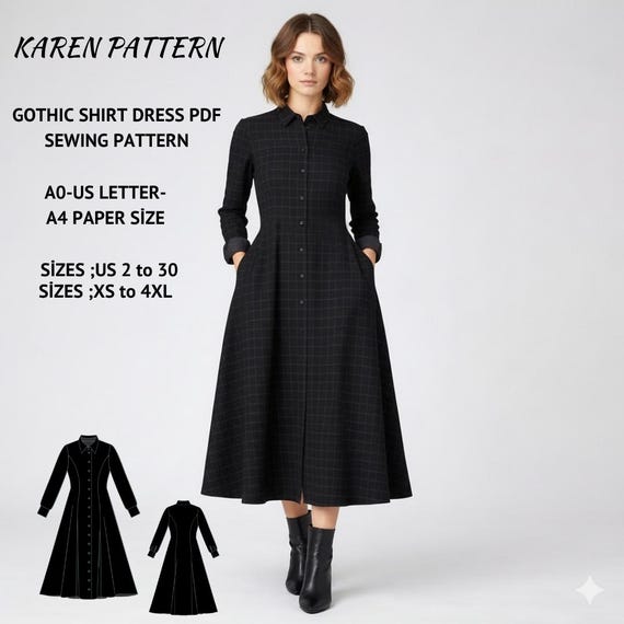 Black Plaid Shirt Dress Sewing Pattern, Gothic Midi Dress (digital Download, XS-4XL) - Etsy Israel Black Plaid Shirt Dress Sewing Pattern, Gothic Midi Dress (digital Download, XS-4XL) - Etsy Israel