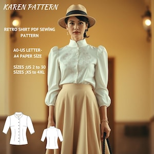 Retro Shirt Sewing Pattern,Mandarin Neck Shirt,Vintage Shirt,Ladies Size  US 2-30 and XS - 4XL