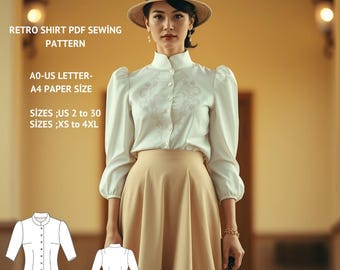 Retro Stehkragen Shirt Schnittmuster: US 2-30, XS-4XL (PDF Pattern)