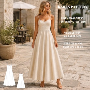 Puede incluir: Un patrón de costura en PDF para vestido largo de lino titulado KAREN PATTERN. El texto especifica tamaños de papel A0-US letter y A4, con tallas desde XS a 4XL o US 2 a 30. Se incluye un dibujo lineal del frente y la espalda del vestido.