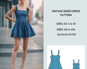 Women's Denim Dress Sewing Pattern,Denim Dress Jean,Mini Dress Denim  US 2 to 30and XS to 4XL,Suitable A0-A4