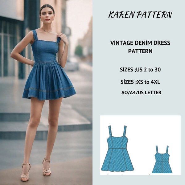 Women's Denim Dress Sewing Pattern,Denim Dress Jean,Mini Dress Denim  US 2 to 30and XS to 4XL,Suitable A0-A4