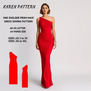 May include: A red one-shoulder maxi dress sewing pattern. The pattern is available in sizes US 2 to 30 and XS to 4XL. The pattern is printed on A4 paper and comes in AO-US letter size.