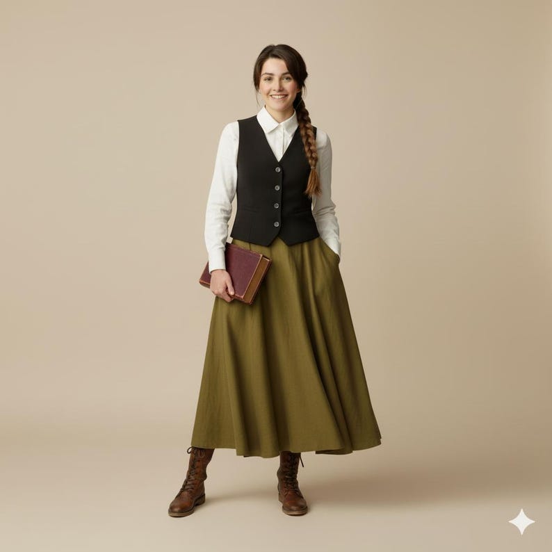 May include: A woman wearing a black vest over a white button-down shirt, paired with an olive-green maxi skirt and brown boots. She holds a burgundy book. The outfit has a vintage, classic style.