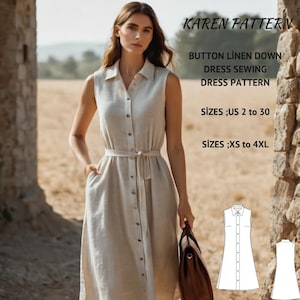 Puede incluir: Un patrón de costura para un vestido de lino con botones y cinturón de lazo. El patrón está disponible en las tallas ES 34 a 52 y XS a 4XL. El patrón se llama "Karen Pattern" y es para un patrón de costura de vestido de lino con botones.