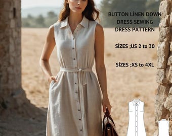 Molde de costura para vestido de linho com botões: comprimento chá (XS-4XL) (download digital)