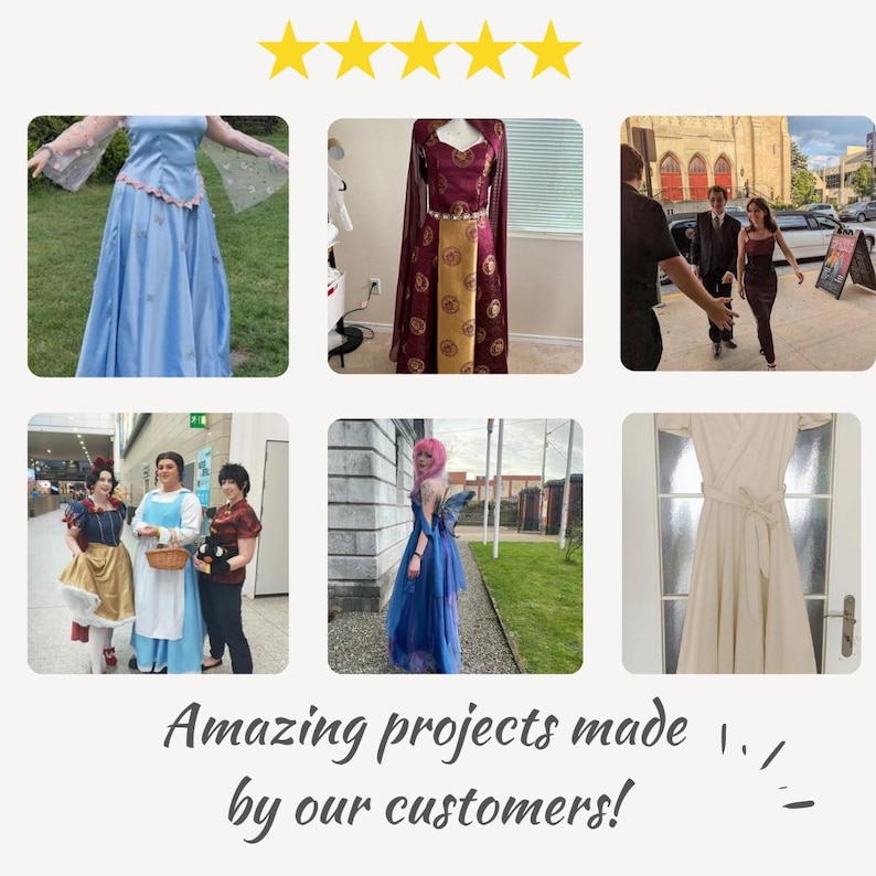 May include: A collage of six images showing various costumes and dresses, including a light blue gown, a maroon and gold dress, a dark formal dress, character costumes, a blue fairy-style dress, and a cream-colored wrap dress with a tie waist.
