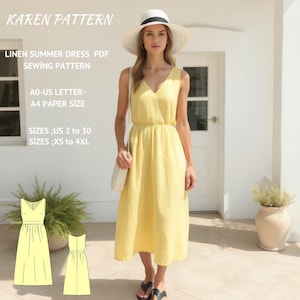 Linen Summer Dress Pattern,V-Neck linen Dress Sewing Pattern,Sleeveless Dress,Midi Dress Pattern,A4 A0 US 2-30 and XS - 4XL