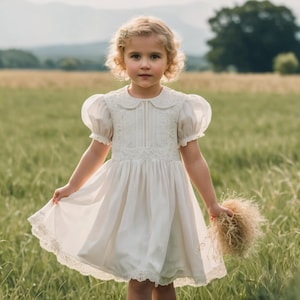 Puede incluir: Una niña pequeña con un vestido color crema con cuello Peter Pan, mangas abullonadas y detalles de encaje. El vestido tiene un corpiño ajustado y una falda amplia. La niña está de pie en un campo de hierba alta, sosteniendo un manojo de plantas secas.