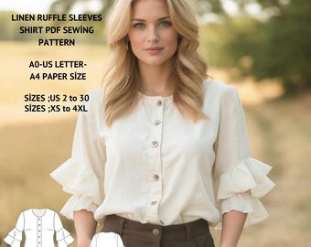 Patrón de costura para camisa de lino con mangas con volantes: blusa cottagecore (XS-4XL) (patrón PDF)