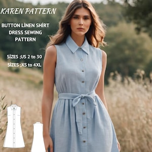 Linen Shirt Dress Sewing Pattern:Tea Length, Button Front (XS-4XL) (Digital Download)