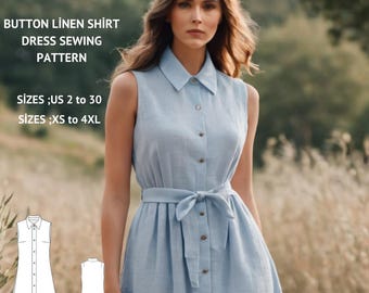 Linen Shirt Dress Sewing Pattern:Tea Length, Button Front (XS-4XL) (Digital Download)