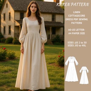 Linen Cottagecore Maxi Dress Sewing Pattern,Bişhop Sleeves Dress,Empire Waist,Sundress Pattern,Milkmaid Dress,XS-4XL