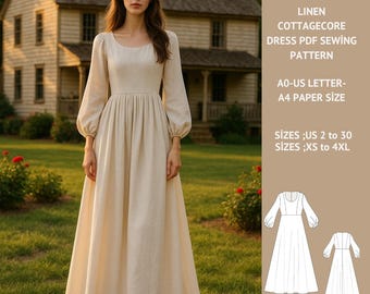 Linen Cottagecore Maxi Dress Sewing Pattern: Bishop Sleeves, Empire Waist (PDF Pattern, XS-4XL)